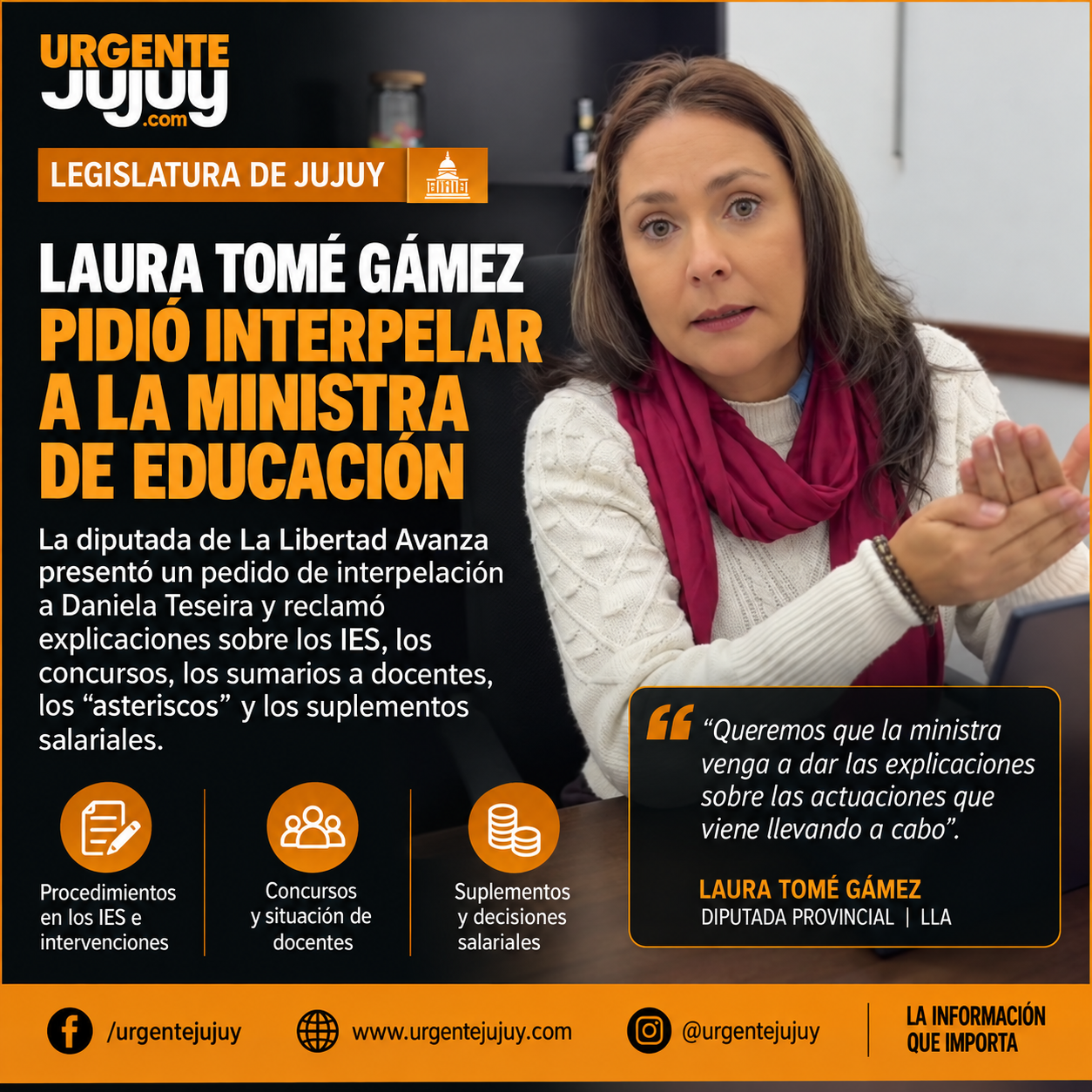 Laura Tomé Gámez pidió interpelar a Teseira y reclamó explicaciones por los IES, concursos y decisiones salariales